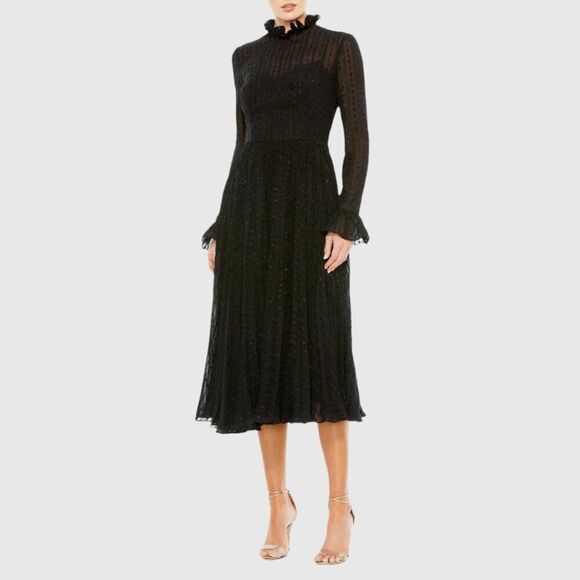 Mac Duggal 49627‎ Size 6 Black High Neck Long Sleeve Ruffle Midi Tea Dress - Picture 3 of 5